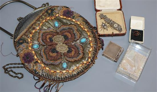 A 1940s handbag, garnet ring, marcasite watch, spider brooch, lighter and 19 assorted mother-of-pearl gaming counters